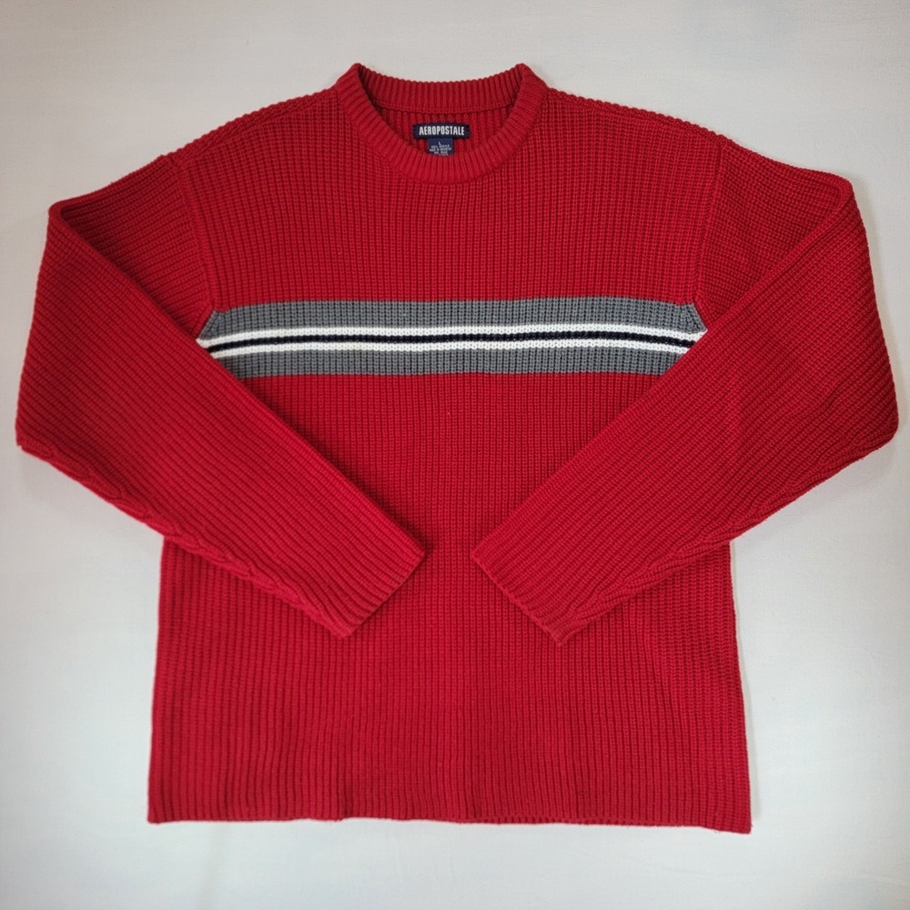 Aeropostale Mens Large Red Ribbed Crewneck Sweater Gray Chest Stripe Pullover